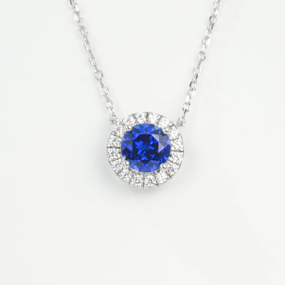925 Sterling Silver Lab Sapphire Round Halo Pave Necklace, for Women - Photo 6