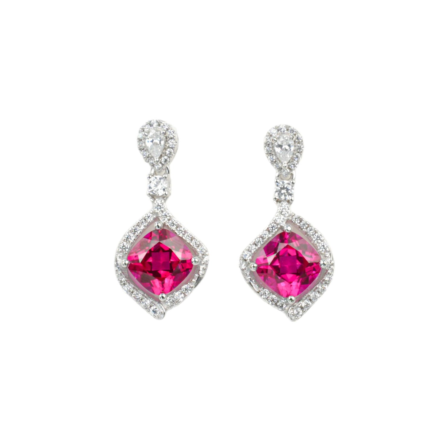 S925 Silver Cushion Lab Ruby Drop Earrings Diamond-Shaped Full Diamond Halo, Wedding Evening Gift - Photo 5