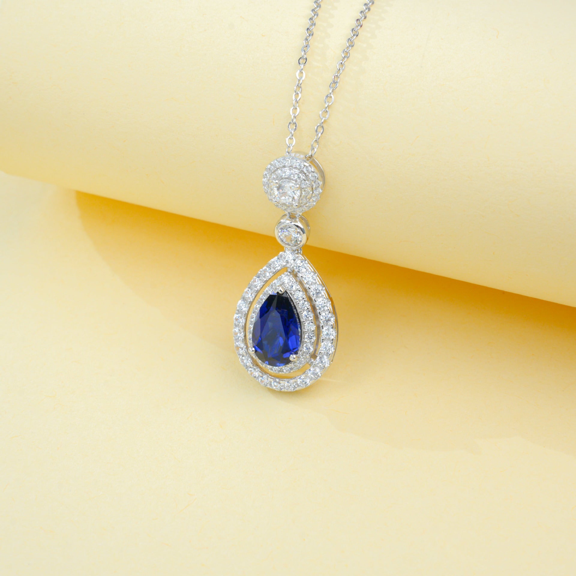 S925 Sterling Silver Lab Sapphire Teardrop Necklace for Women - Photo 4