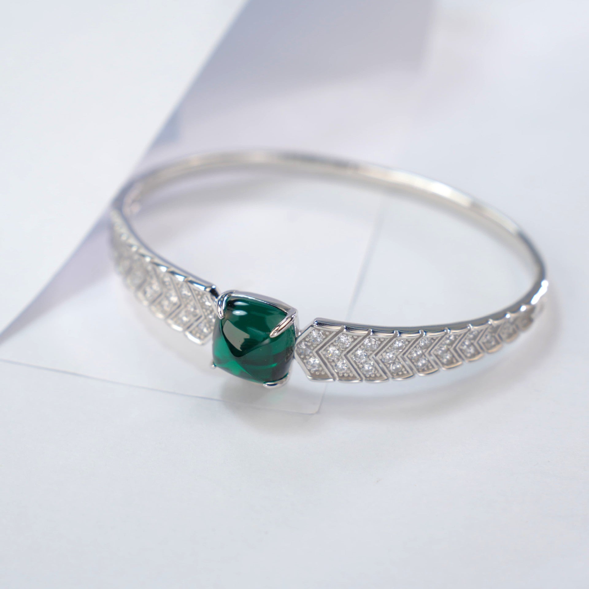 S925 Sterling Silver Lab Emerald Bangle, Premium Gift - Photo 4