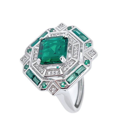 S925 Silver Multi-Layer Halo Lab Emerald Ring, Vintage Engagement - Photo 5