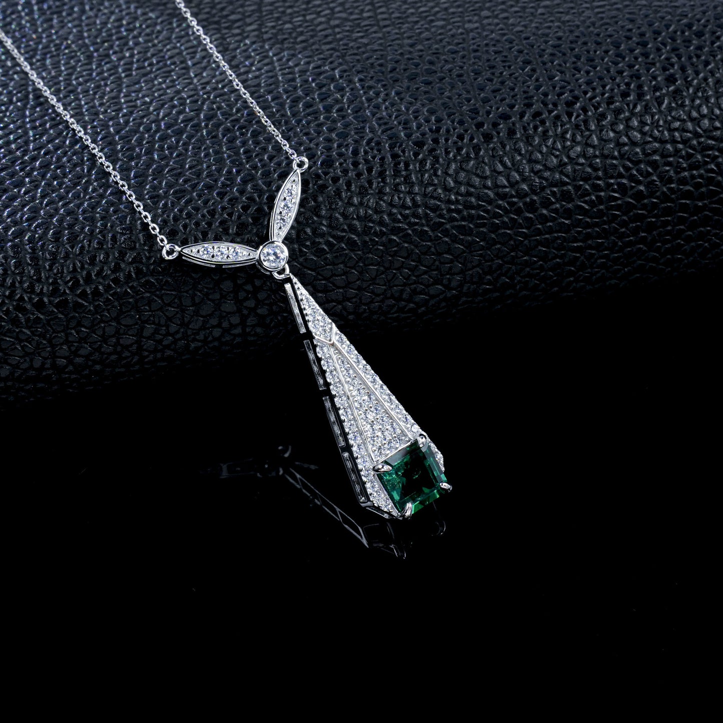 Vintage Lab Emerald Necklace S925 Silver Full Diamond Evening Premium - Photo 3