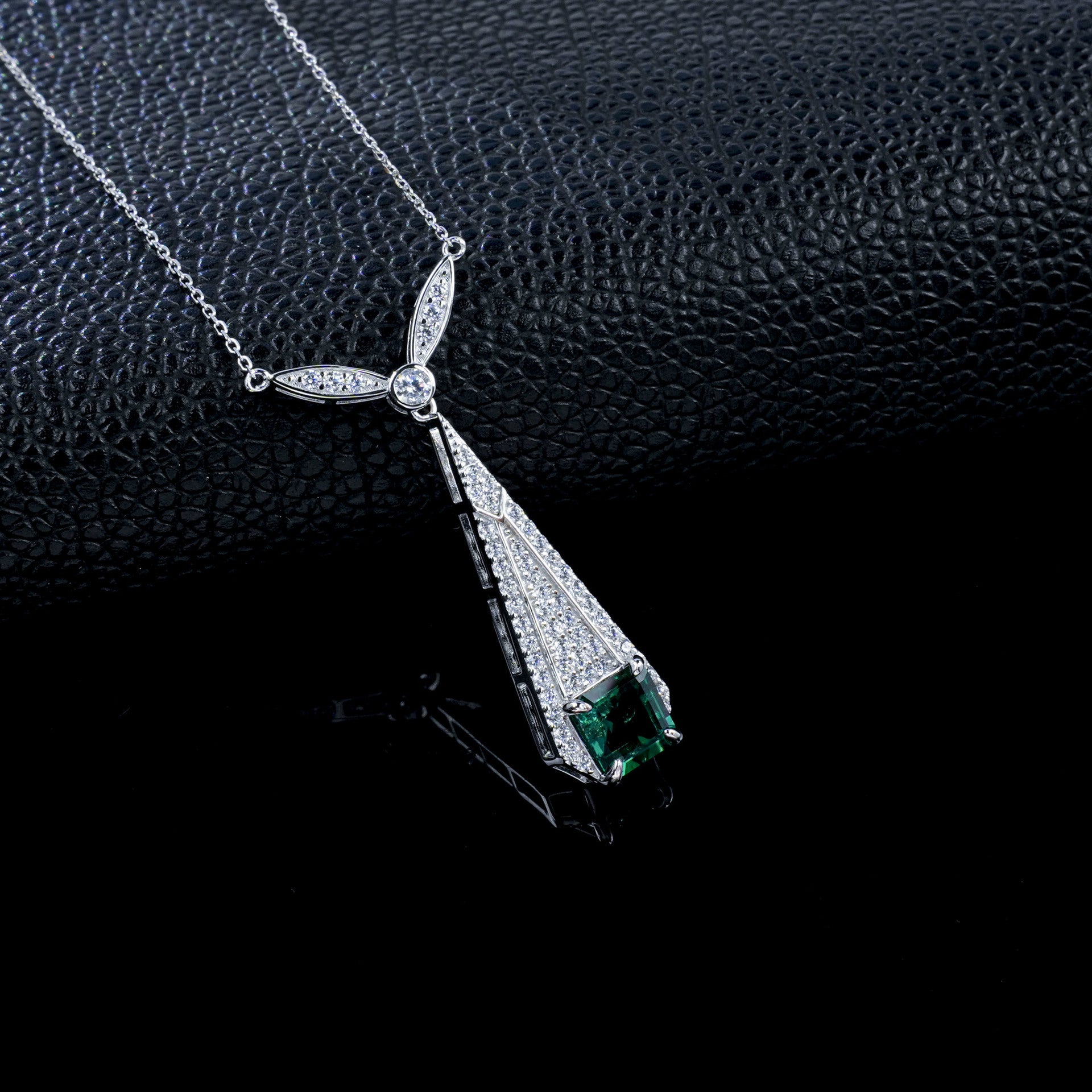 Vintage Lab Emerald Necklace S925 Silver Full Diamond Evening Premium - Photo 3