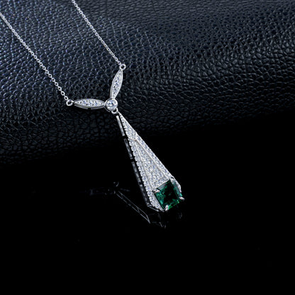 Vintage Lab Emerald Necklace S925 Silver Full Diamond Evening Premium - Photo 3