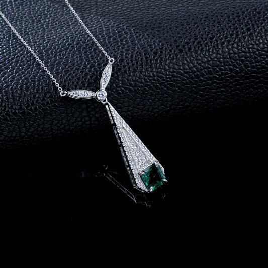 Vintage Lab Emerald Necklace S925 Silver Full Diamond Evening Premium - Photo 3