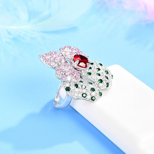 S925 Sterling Silver Ruby Flower Ring, Design Gift Premium - Photo 4