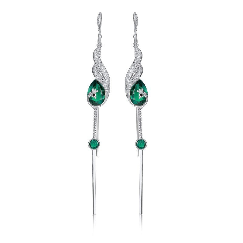 S925 Silver Phoenix Long Tassel Teardrop Lab Emerald Drop Earrings, Vintage Style - Photo 5