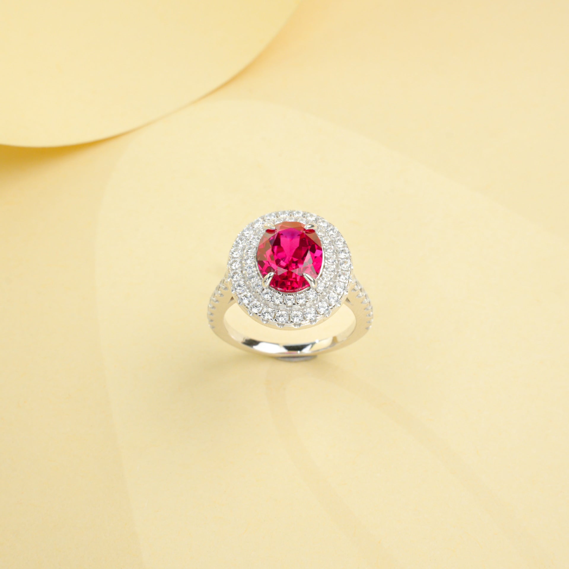 Lab Ruby Ring 925 Sterling Silver Rhodium-Plated Double-Halo Diamond, Premium - Photo 4