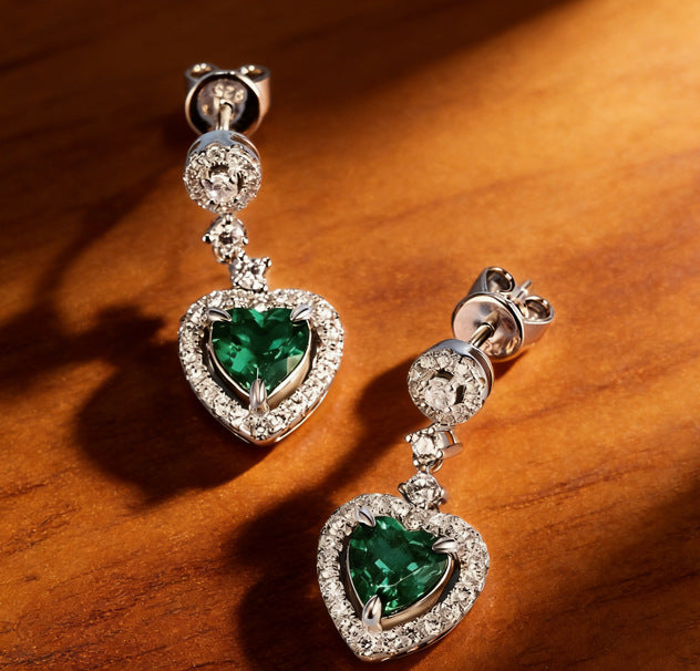 S925 Sterling Silver Lab Emerald Heart Halo Long Drop Earrings, for Women - Photo 6