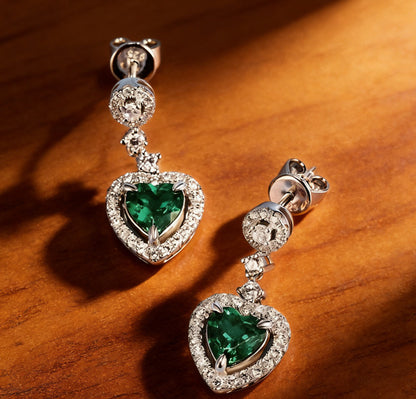 S925 Sterling Silver Lab Emerald Heart Halo Long Drop Earrings, for Women - Photo 6