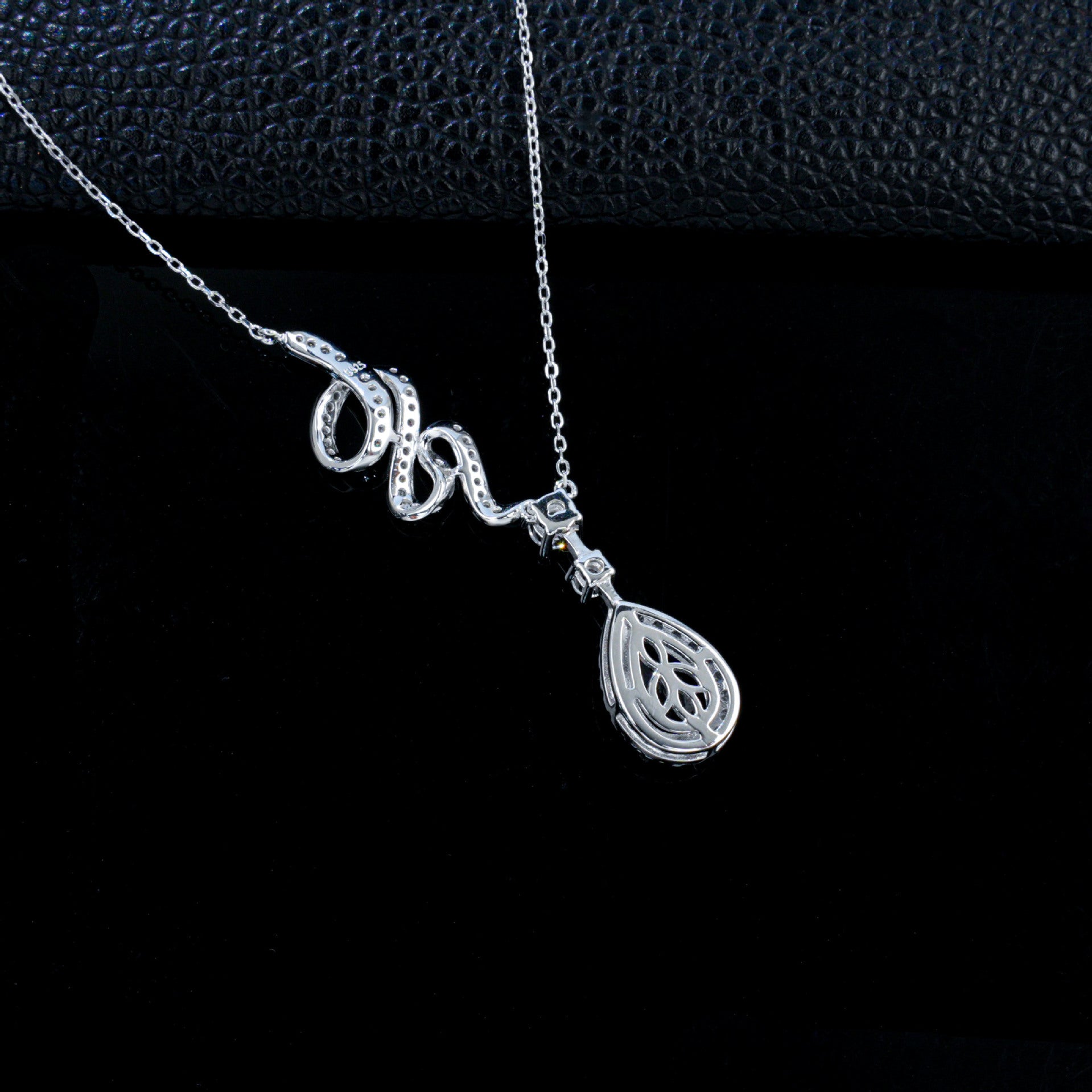 S925 Silver Snake Full Diamond Twisted Chain Teardrop Lab Sapphire Halo Necklace, Premium Evening - Photo 4