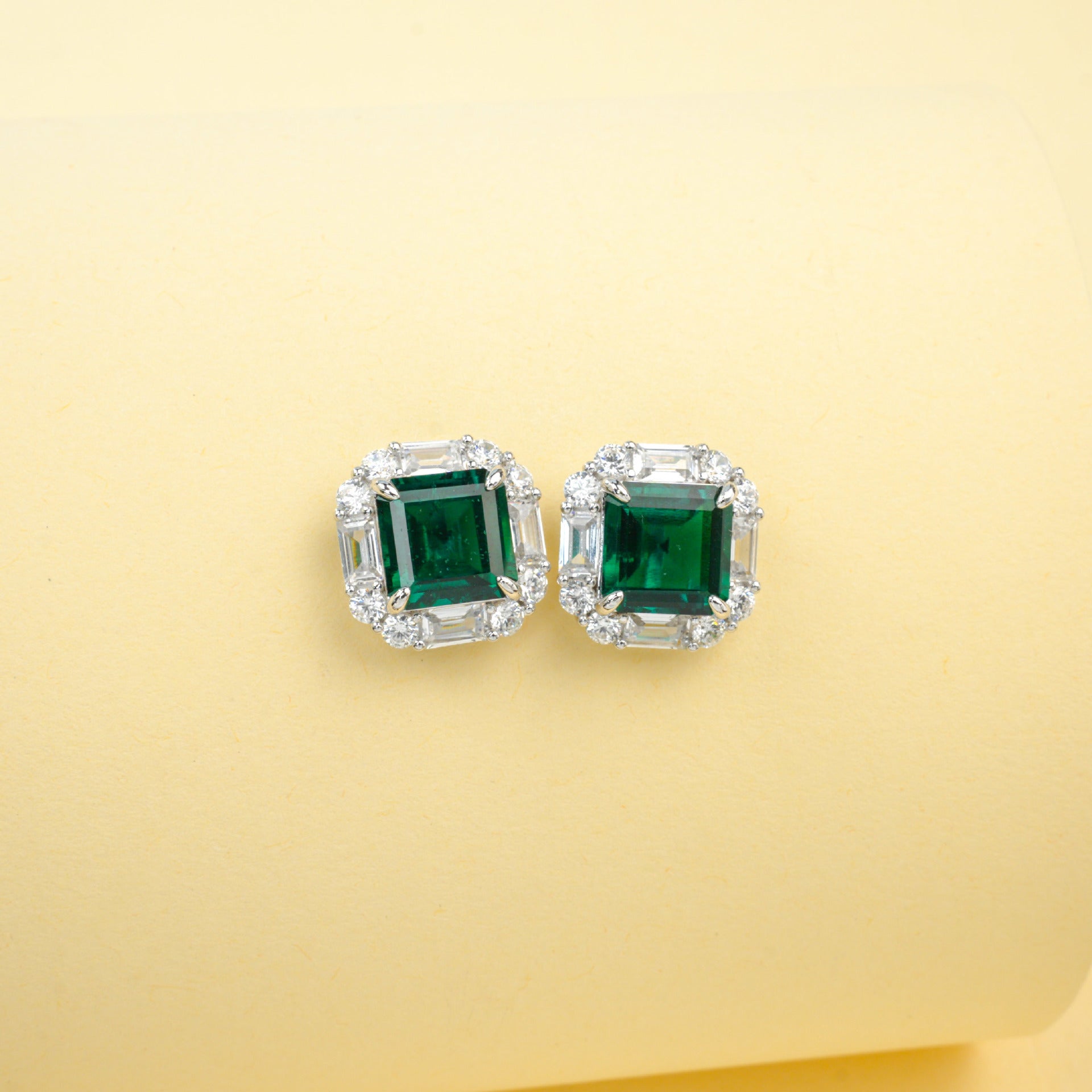 S925 Silver Lab Emerald Stud Earrings Double-Layer Full Diamond Halo, Anniversary Versatile - Photo 4