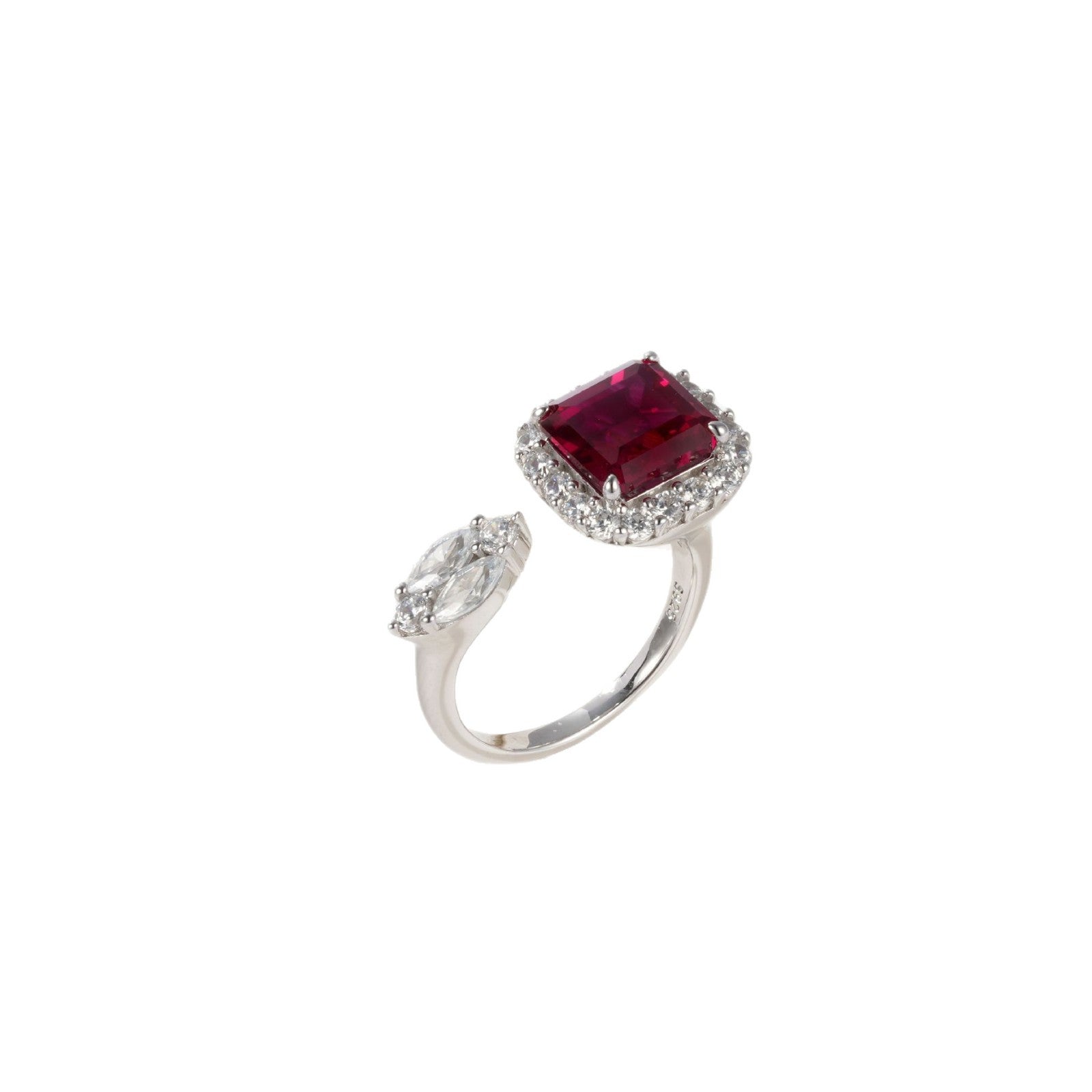 S925 Sterling Silver Lab Ruby Ring Square Halo Teardrop Diamond Two-Stone Design Premium - Photo 5