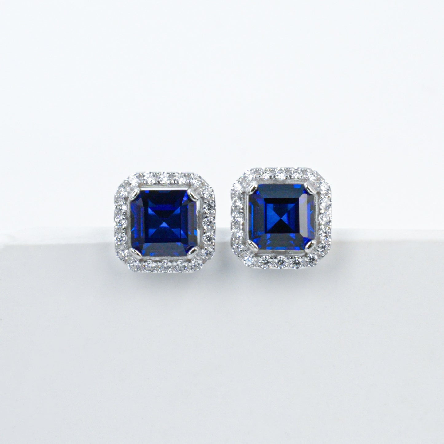 Sapphire Stud Earrings S925 Silver Full-Halo, Evening - Photo 6