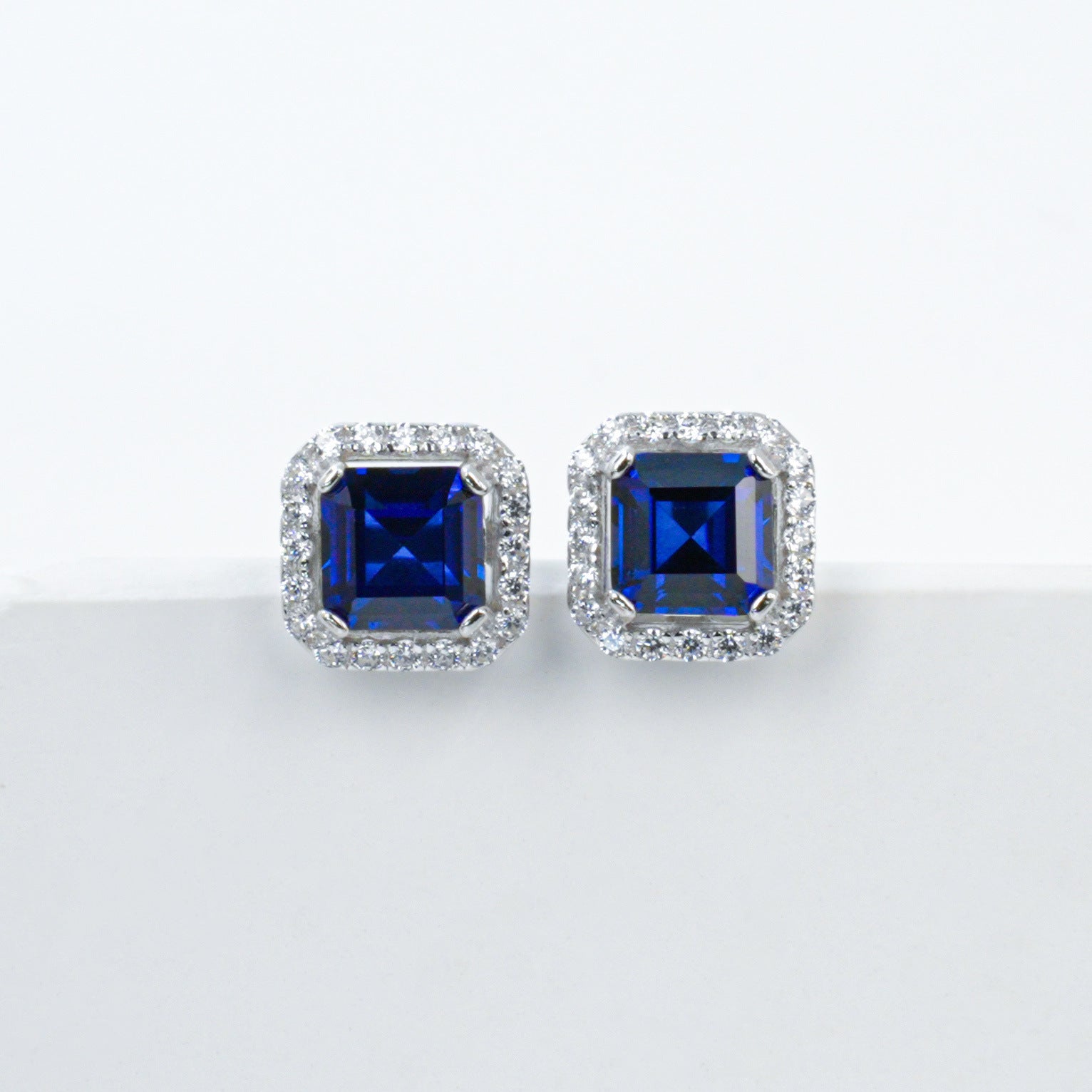 Sapphire Stud Earrings S925 Silver Full-Halo, Evening - Photo 6