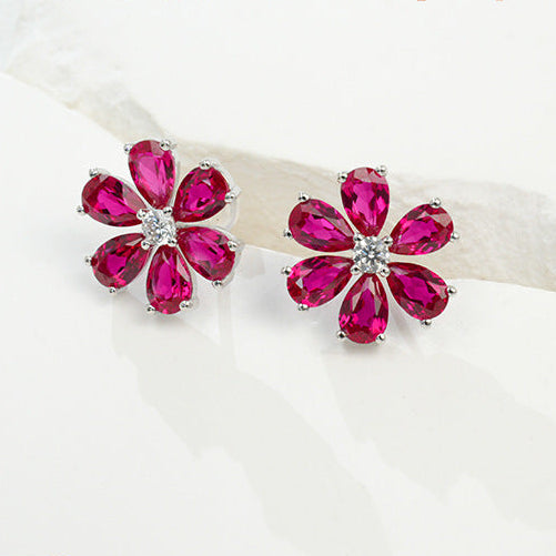 S925 Sterling Silver Lab Gemstone Flower Earrings, Premium Versatile - Photo 1