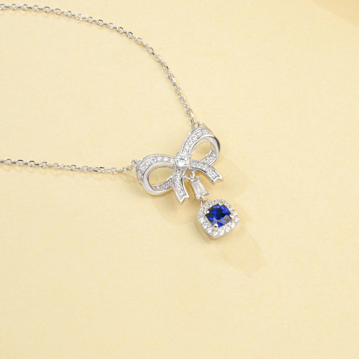925 Sterling Silver Lab Sapphire Bowknot Cushion Pave Choker Necklace, Premium - Photo 4