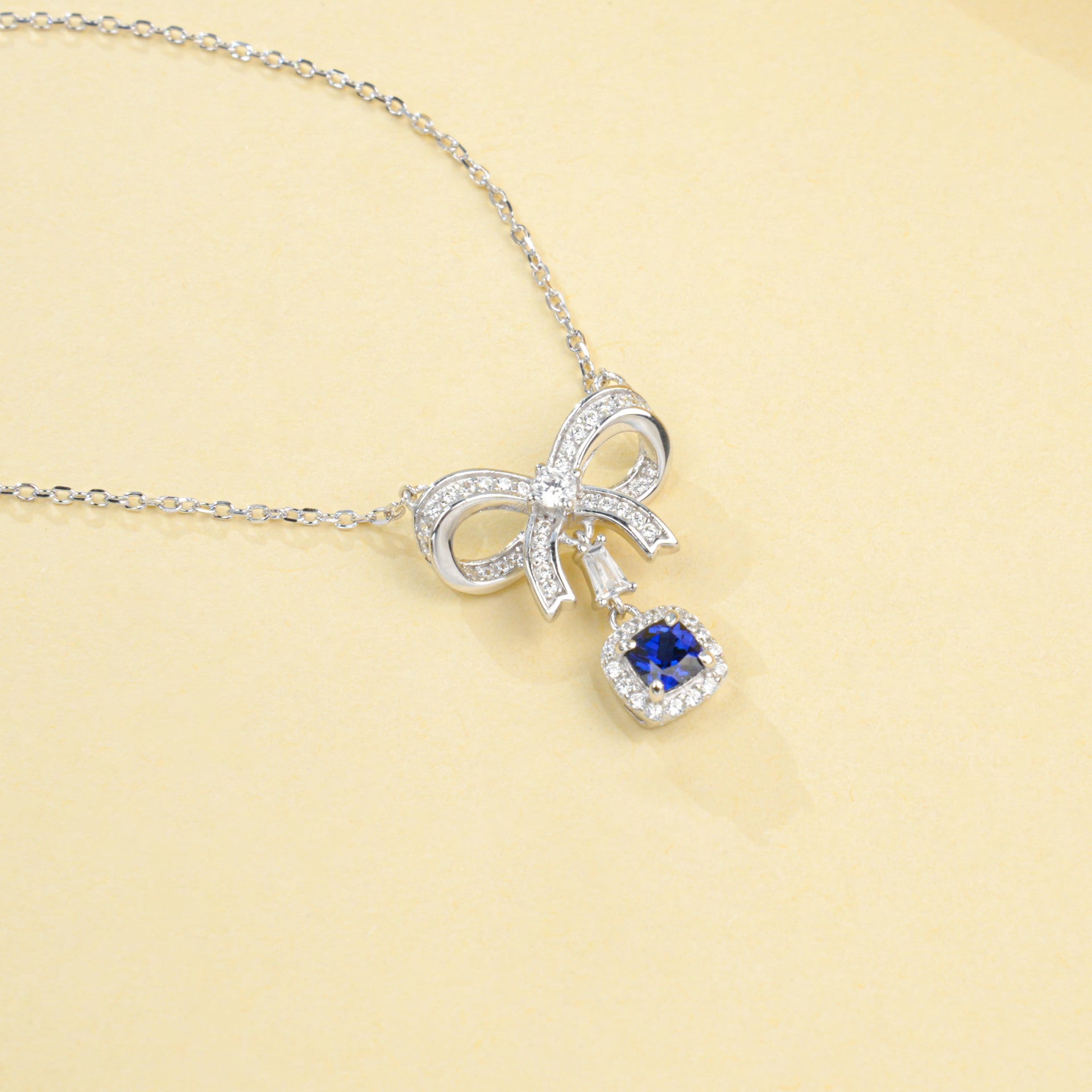 925 Sterling Silver Lab Sapphire Bowknot Cushion Pave Choker Necklace, Premium - Photo 4
