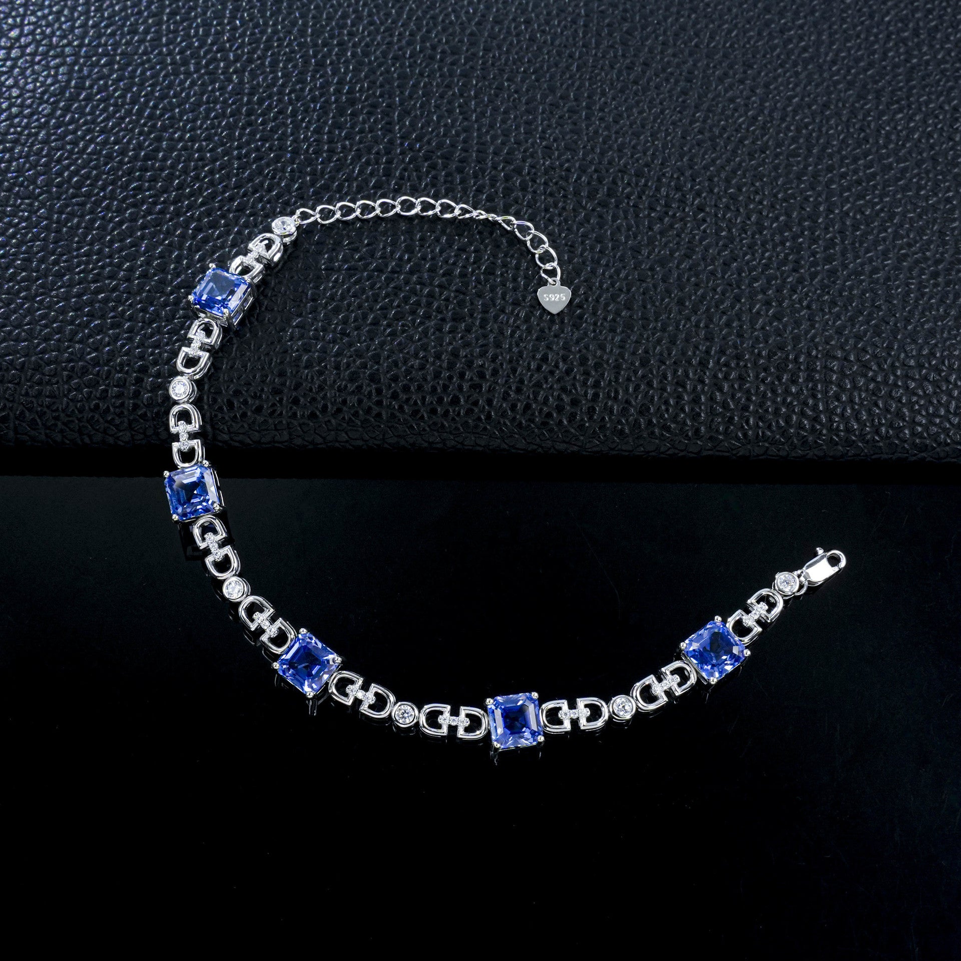 S925 Silver Square Cornflower Sapphire Bracelet, Geometric Chain Jewellery - Photo 4