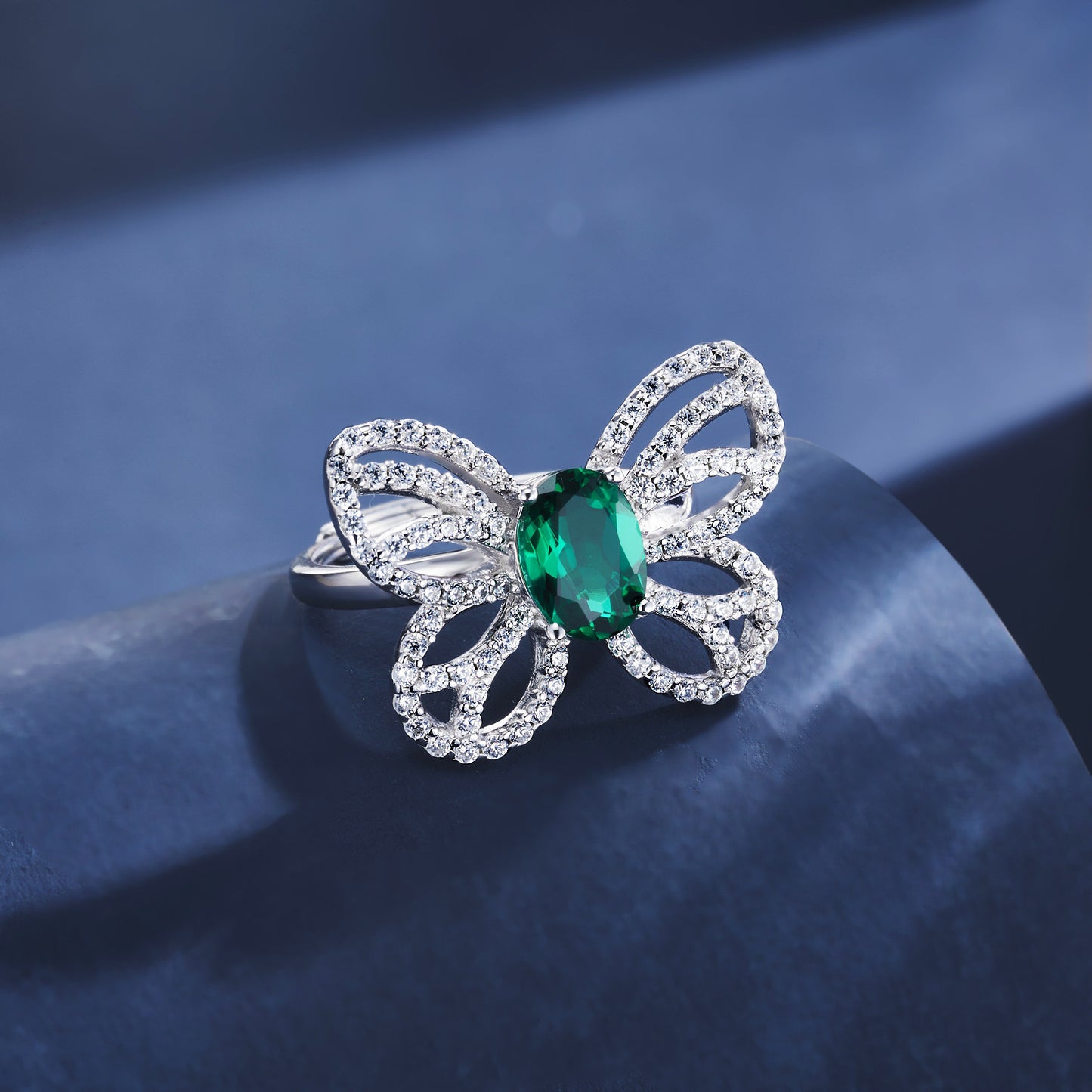 S925 Sterling Silver Lab Emerald Hollow Butterfly Open Ring, Premium - Photo 3