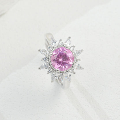 S925 Sterling Silver Gemstone Sunflower Halo Adjustable Open Ring, Versatile - Photo 6