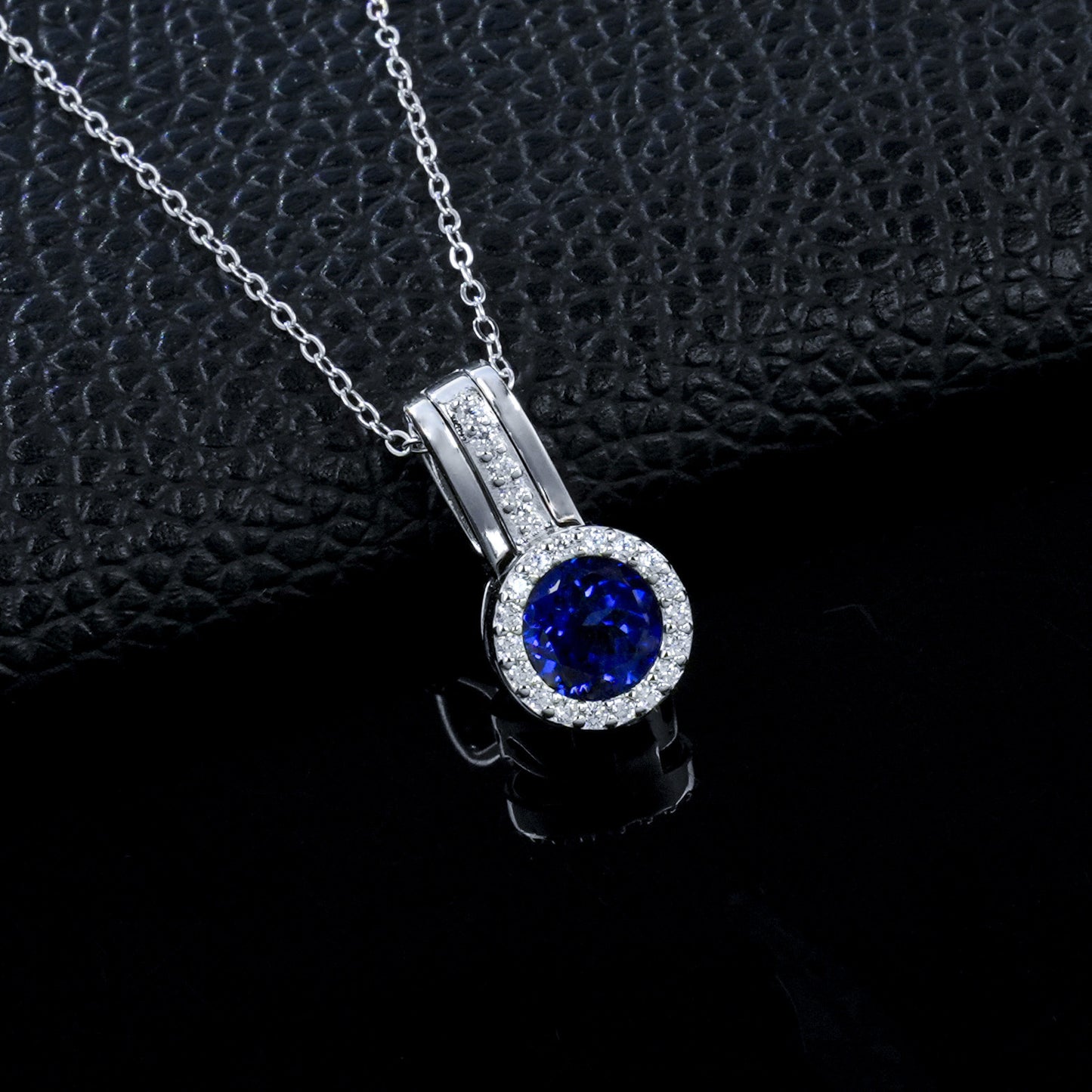 S925 Silver Lab Sapphire Round Halo Pendant Pave Diamond, Anniversary Gift - Photo 2
