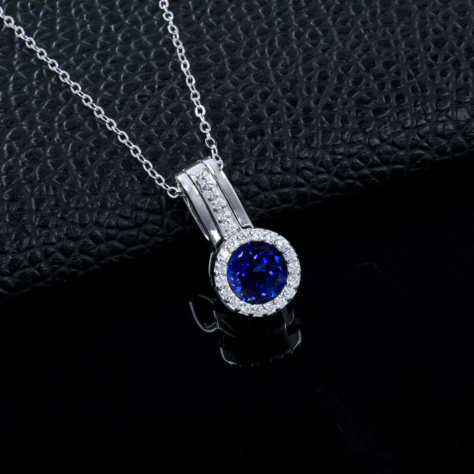 S925 Silver Lab Sapphire Round Halo Pendant Pave Diamond, Anniversary Gift - Photo 2
