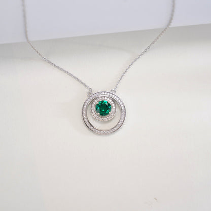 925 Sterling Silver Lab Emerald Double-Ring Starburst Necklace, French Gift - Photo 3