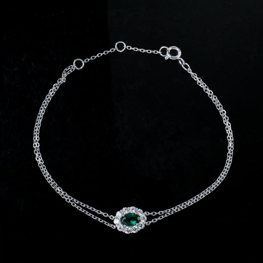 S925 Silver Double-Layer Slim Chain Oval Lab Emerald Single-Halo Diana, Simple Bracelet - Photo 3