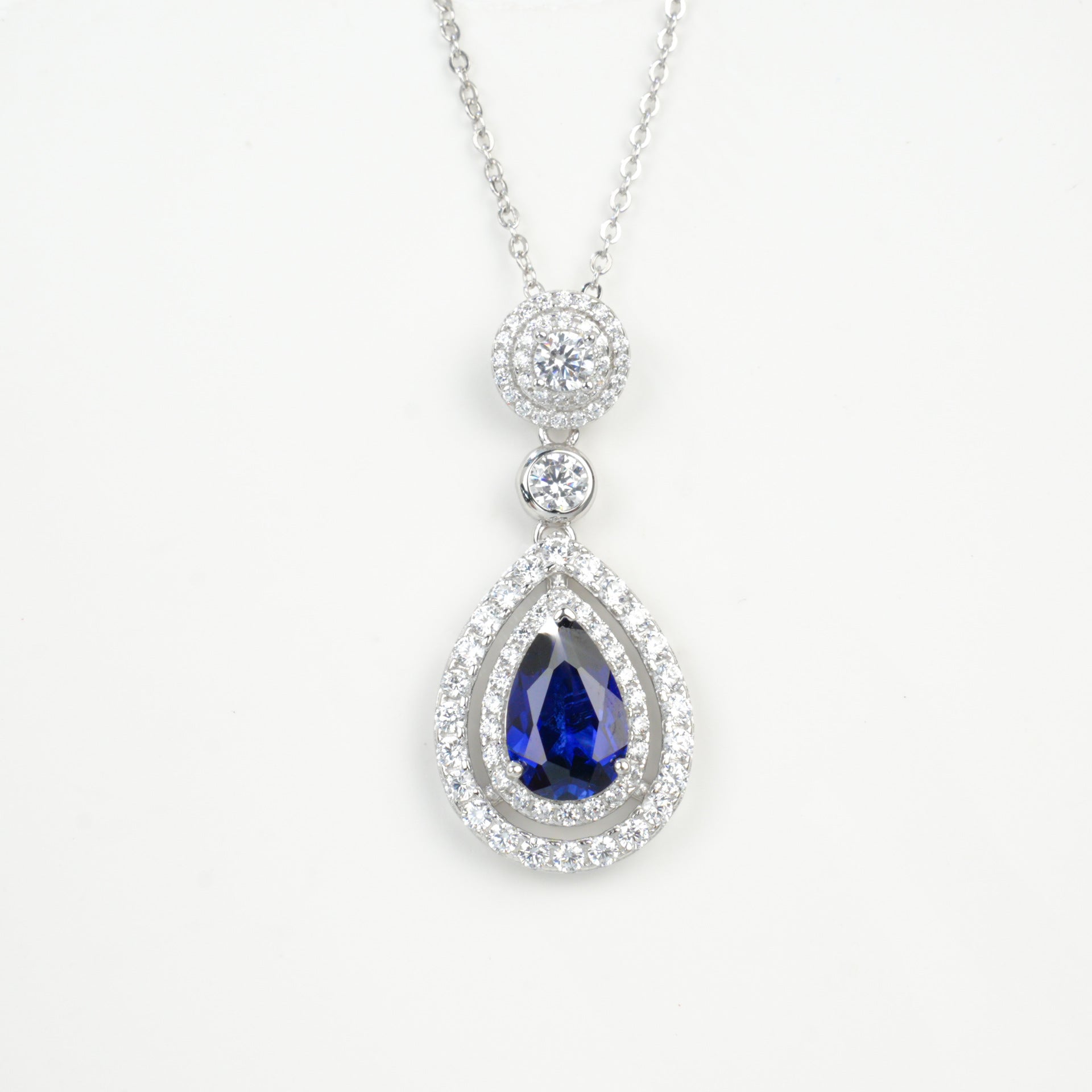 S925 Sterling Silver Lab Sapphire Teardrop Necklace for Women - Photo 5