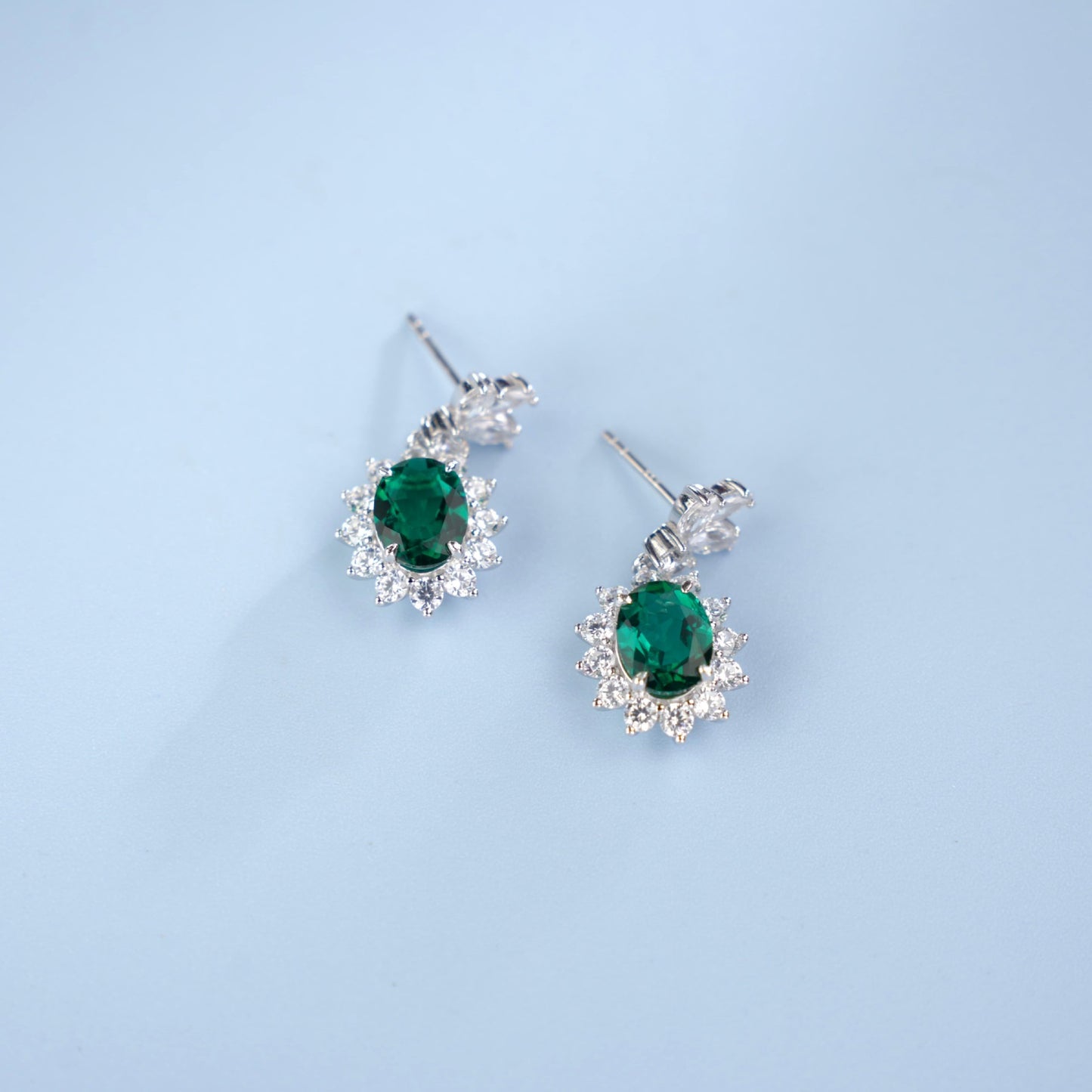 S925 Sterling Silver Oval Lab Emerald Sunflower Pave Halo Earrings, Anniversary Vintage Versatile - Photo 4