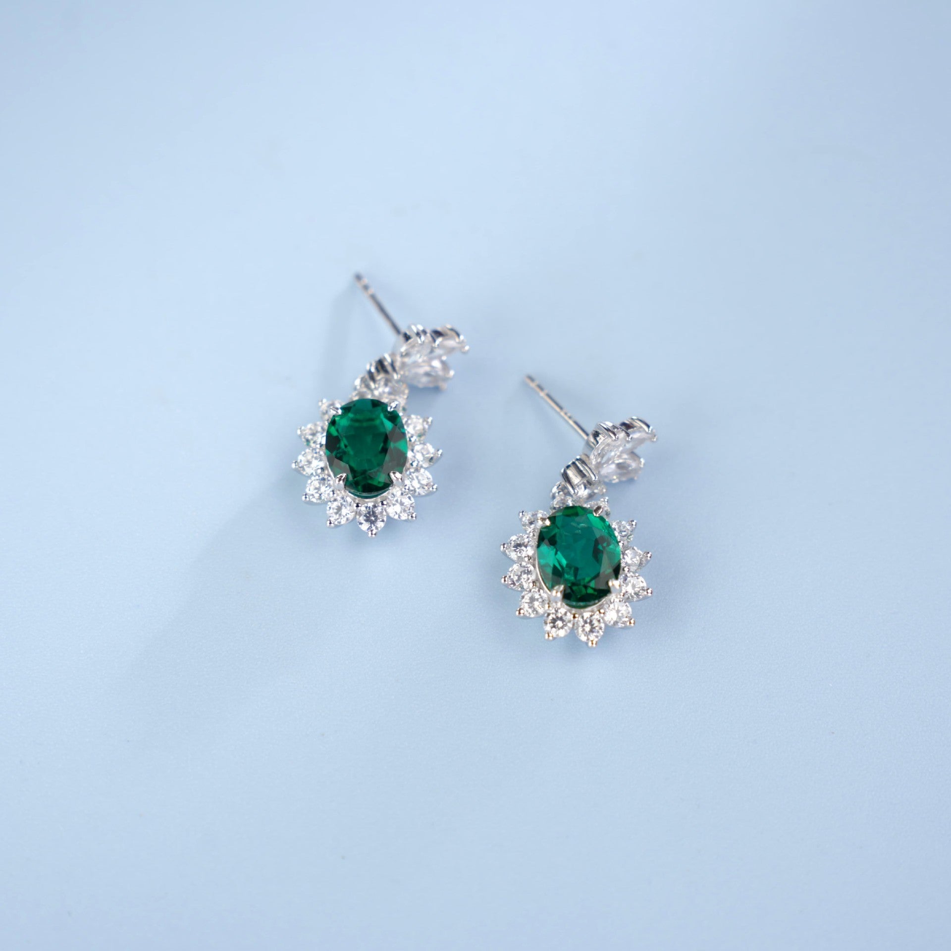 S925 Sterling Silver Oval Lab Emerald Sunflower Pave Halo Earrings, Anniversary Vintage Versatile - Photo 4