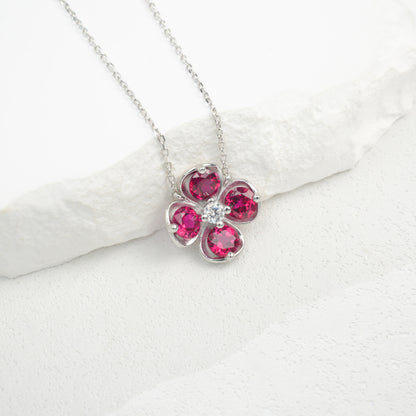 S925 Silver Four-Leaf Clover Flower Lab Ruby Pendant Necklace, Versatile Birthday Valentines - Photo 2