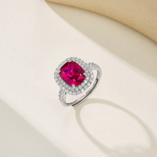 S925 Sterling Silver Lab Pigeon Blood Ruby Square Micro-Pave Ring, Premium for Women - Photo 4