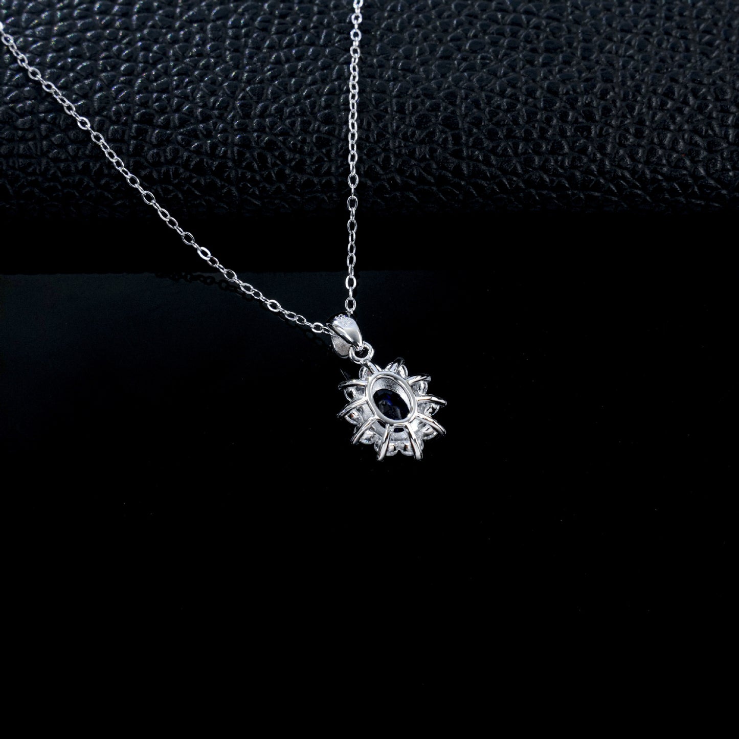 S925 Silver Oval Lab Sapphire Sunflower Diamond Pendant Necklace, Classic - Photo 4