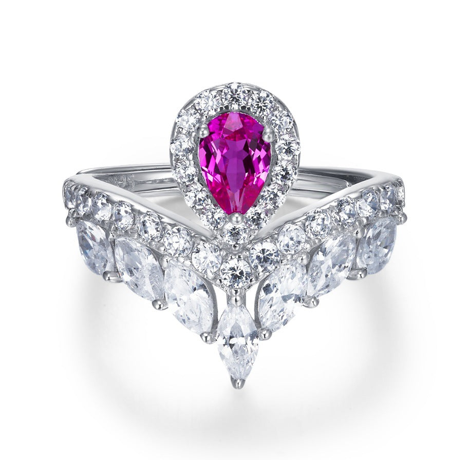 S925 Sterling Silver Lab coloured Gemstone Teardrop Crown Ring, Crown Proposal Birthday - Photo 6