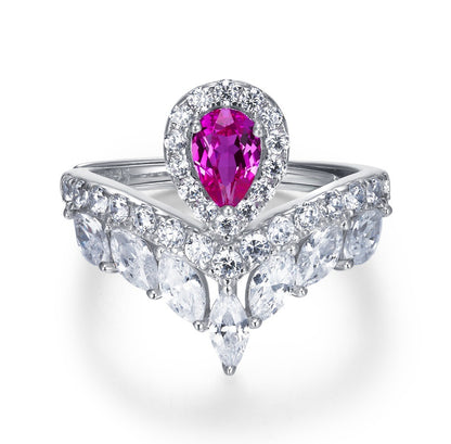 S925 Sterling Silver Lab coloured Gemstone Teardrop Crown Ring, Crown Proposal Birthday - Photo 6