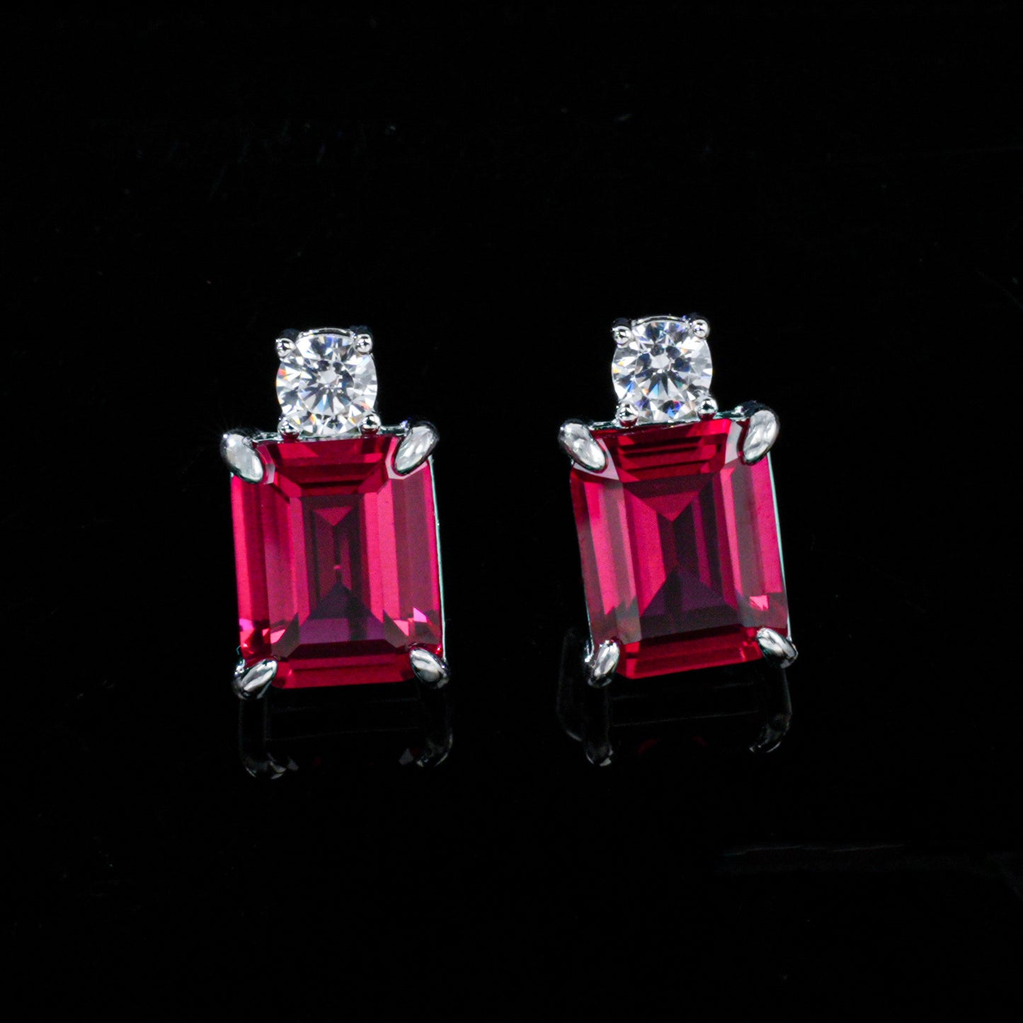 S925 Sterling Silver Lab Ruby Stud Earrings Rectangle Emerald-Cut, Simple Gemstone Earrings - Photo 6