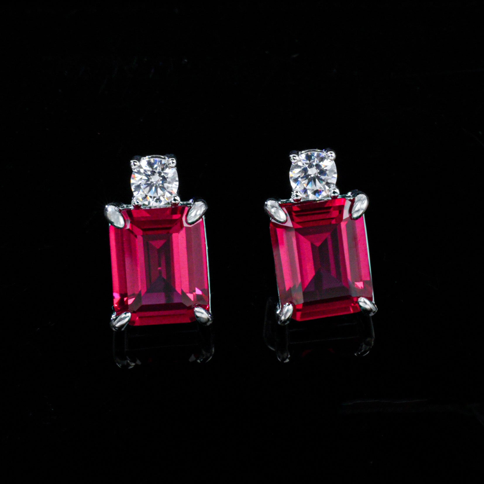S925 Sterling Silver Lab Ruby Stud Earrings Rectangle Emerald-Cut, Simple Gemstone Earrings - Photo 6