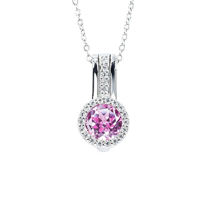 S925 Silver Lab Pink Sapphire Pendant Round Full Diamond Halo, Date Gift - Photo 5