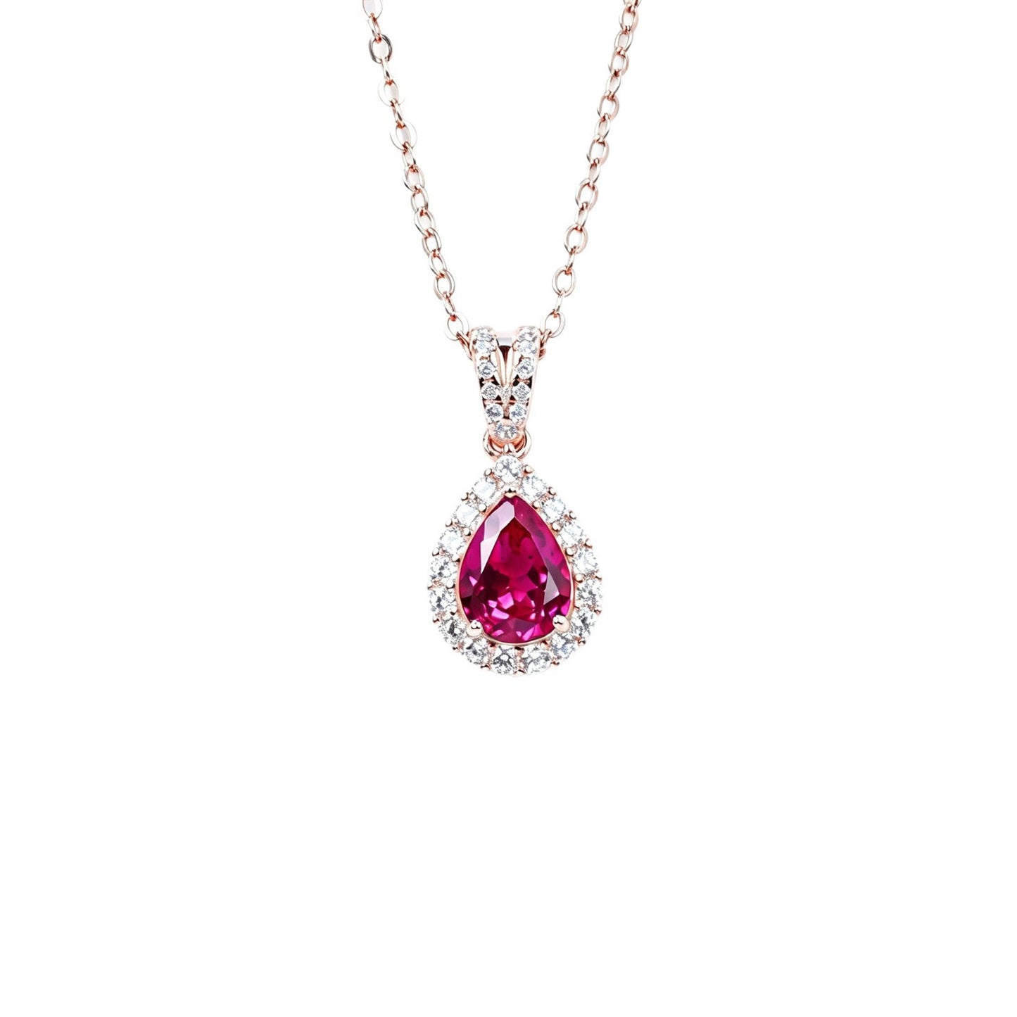 S925 Silver Teardrop Lab Ruby Necklace, Diamond Halo Birthday - Photo 5