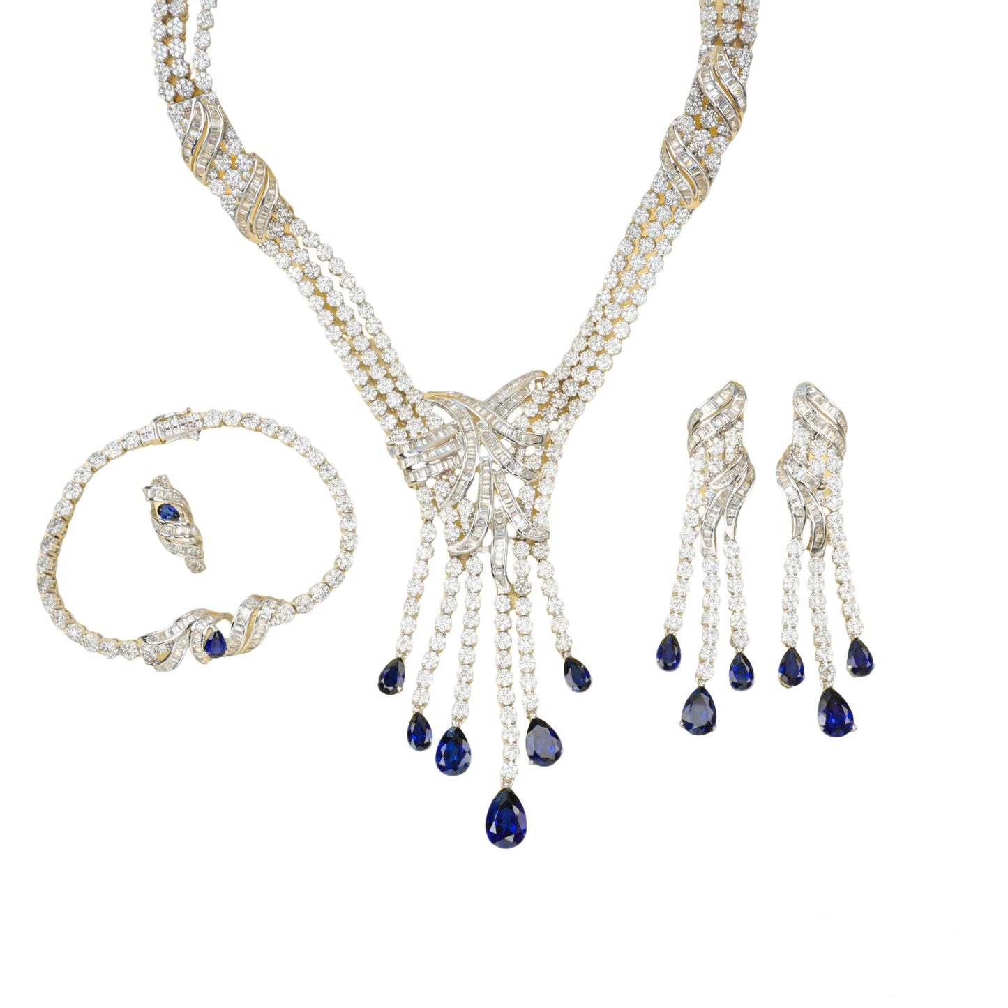 S925 Sterling Silver Lab Sapphire Jewellery Set (Necklace, Bracelet, Ring, Earrings) - Photo 5