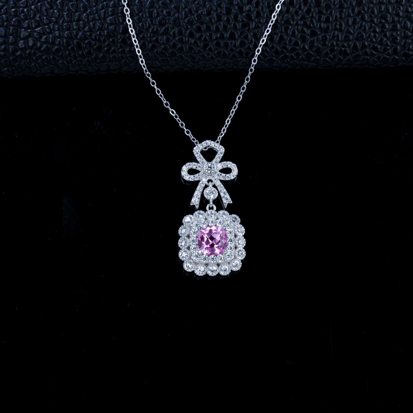 Lab Pink Sapphire Sugarloaf Pendant S925 Rhodium-Plated Bow, Choker Necklace - Photo 2