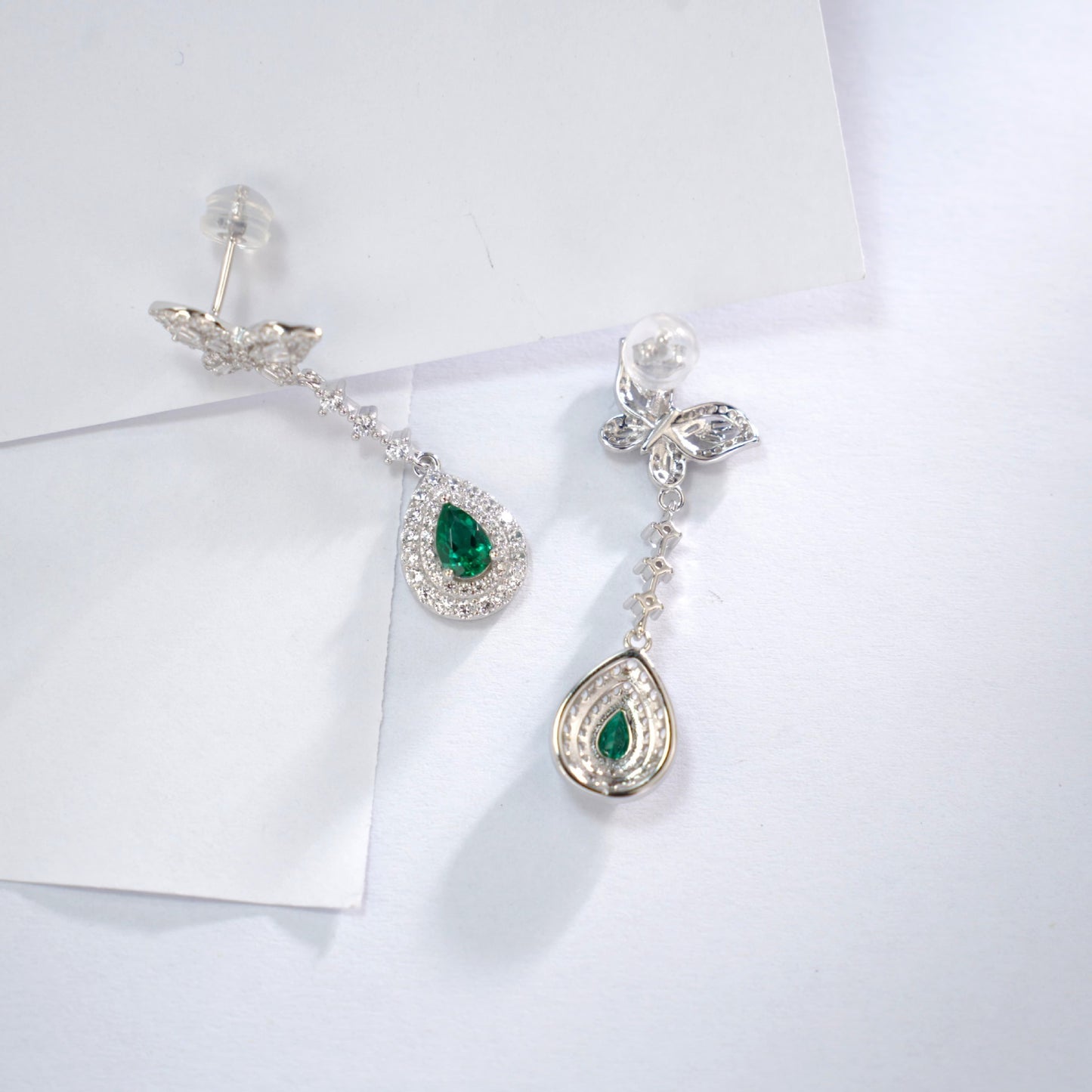S925 Sterling Silver Lab Emerald Stud Earrings, Teardrop Butterfly Diamond - Photo 3