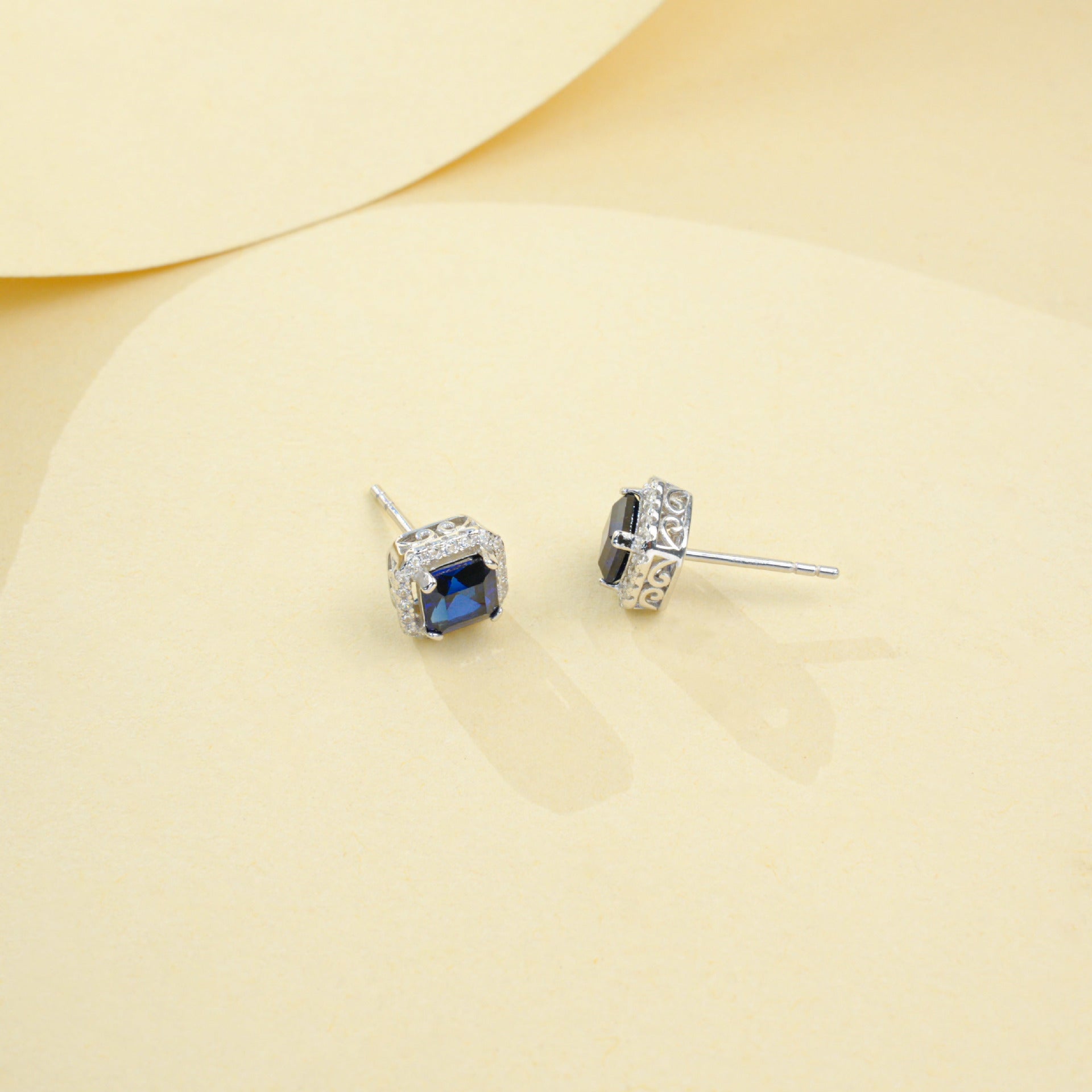 S925 Silver Square Lab Sapphire Halo Stud Earrings, Elegant Versatile Earrings - Photo 3