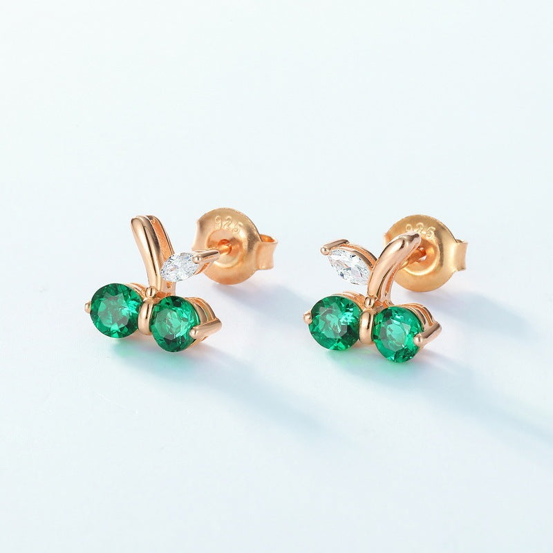 S925 Sterling Silver Lab Emerald Cherry Stud Earrings, Delicate Spring Versatile - Photo 4