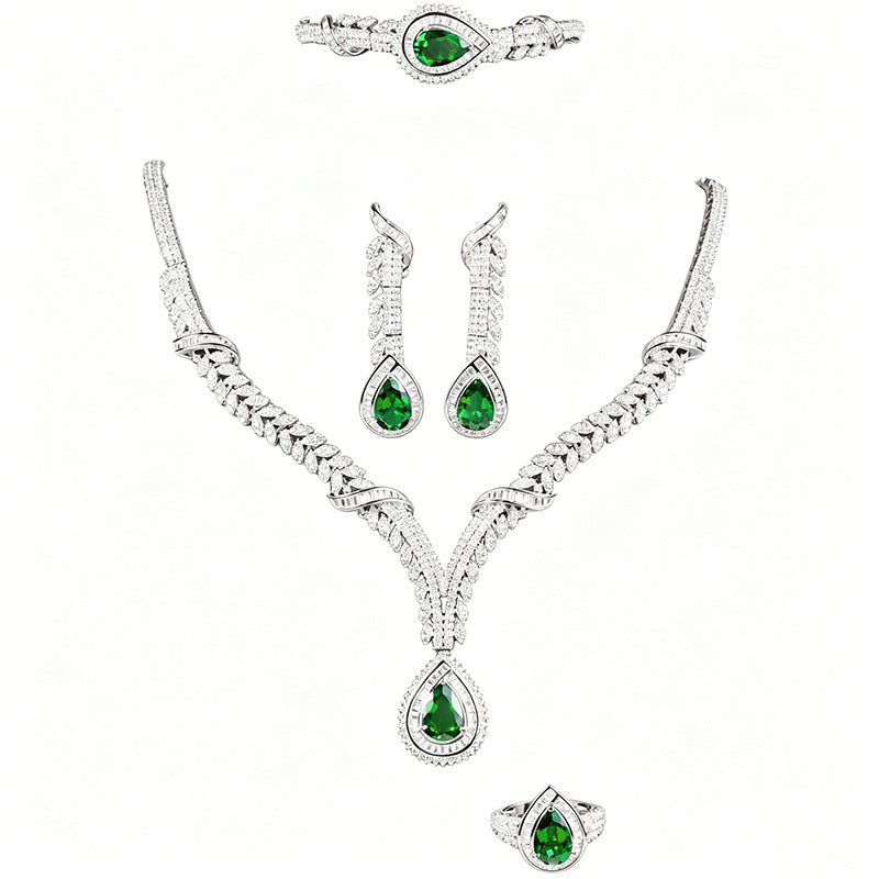 S925 Silver Emerald Teardrop Y-Shaped Layered Necklace, Versatile Vintage Wedding - Photo 5