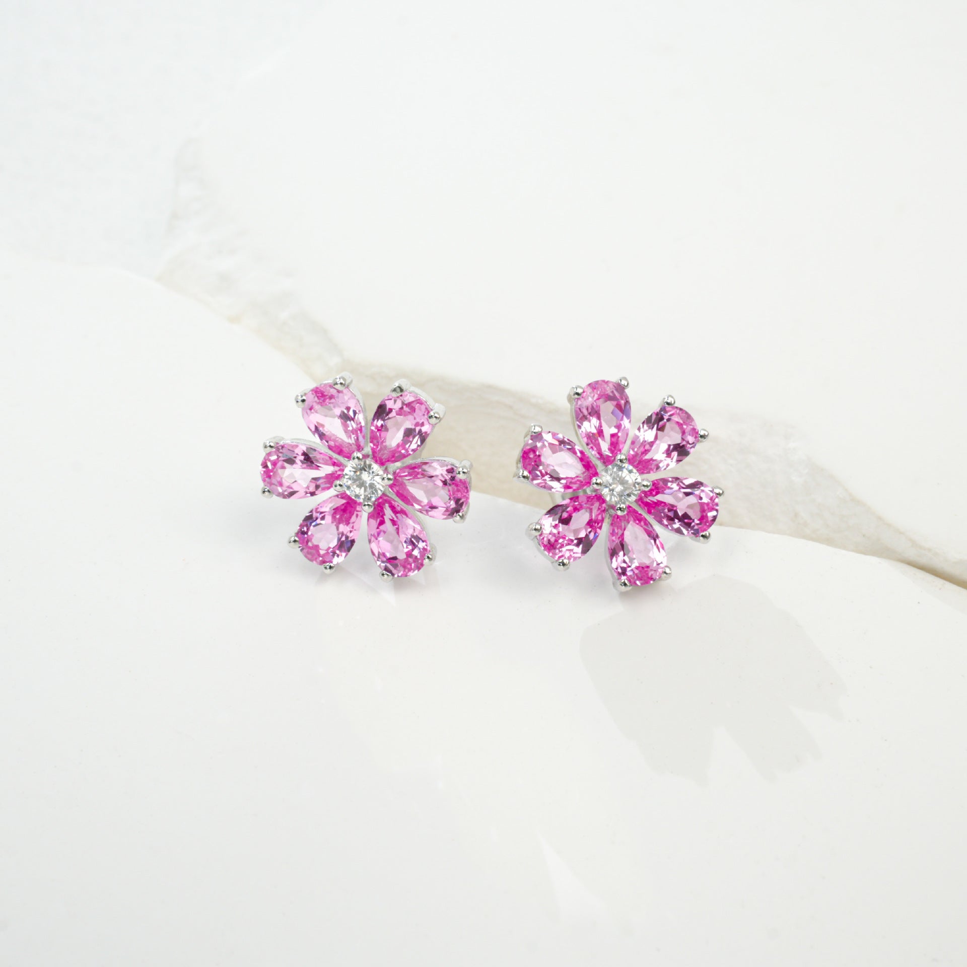 S925 Sterling Silver Lab Padparadscha Six-Petal Cherry Blossom Stud Earrings - Photo 6