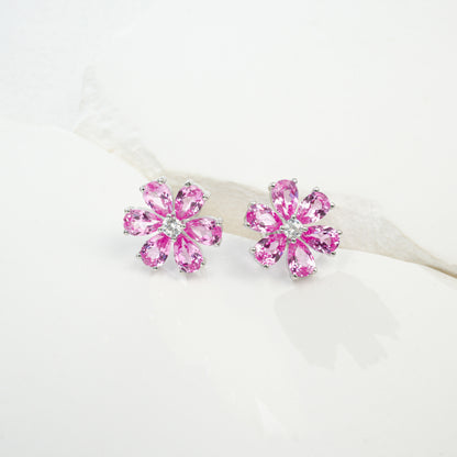 S925 Sterling Silver Lab Padparadscha Six-Petal Cherry Blossom Stud Earrings - Photo 6