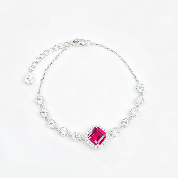S925 Sterling Silver Lab Ruby Princess-Cut Pave Bracelet, Premium Jewellery - Photo 1